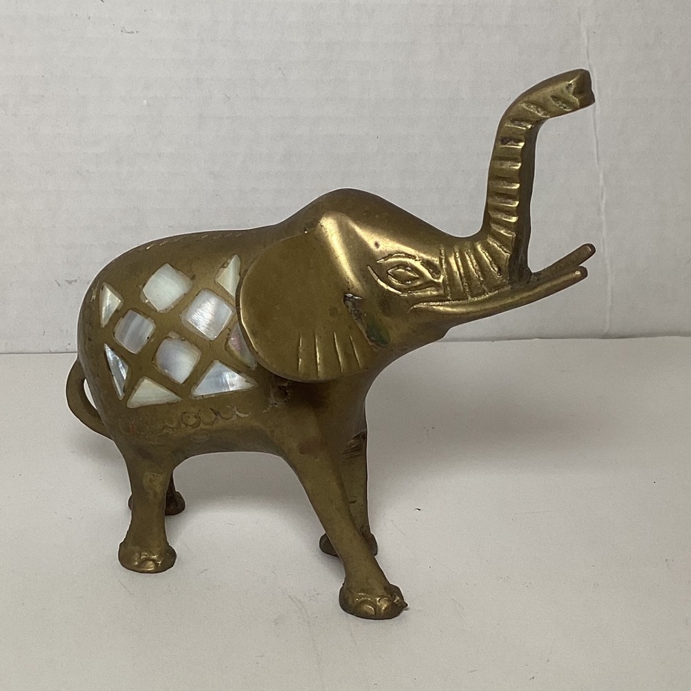 Vintage Brass Elephant Figurine Mother of Pearl Inlay Trunk Up Good Luck Decor